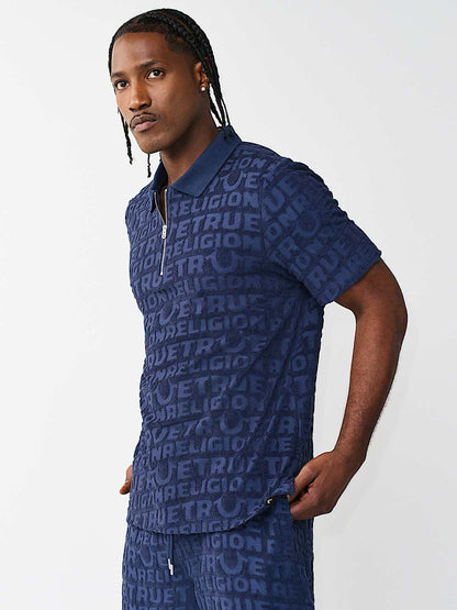 polo logo terry knit zip polo shirt