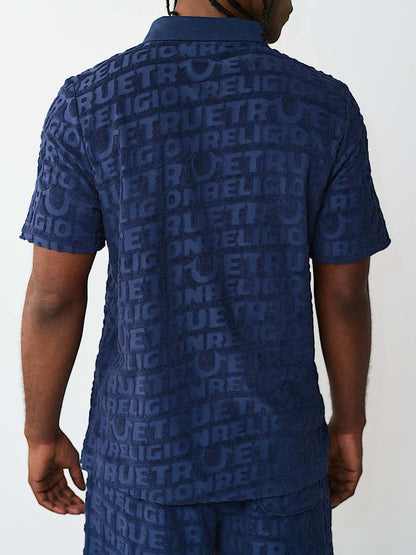 polo logo terry knit zip polo shirt