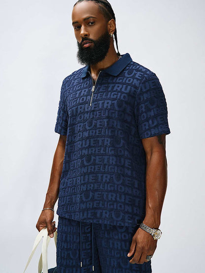 polo logo terry knit zip polo shirt